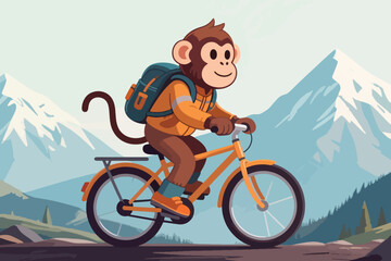 Fototapeta premium Cartoon monkey riding bicycle in snowy mountain landscape with orange jacket and green backpack.