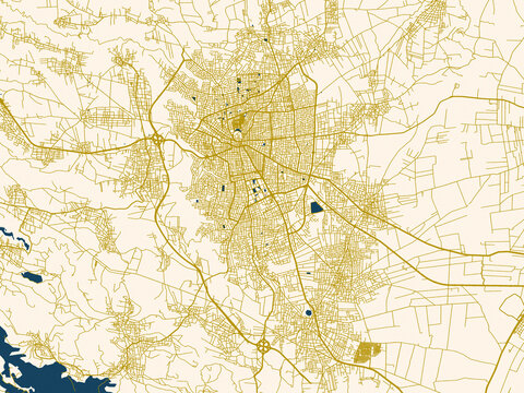 Poster-style map of Irbid, Jordan using dark red water and warm gold roads