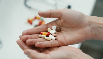 White pills falling from bottle into hand against blue background. concept of medicine, healthcare, prescription, pharmaceutical, medication, treatment, healthcare product, created with generative ai