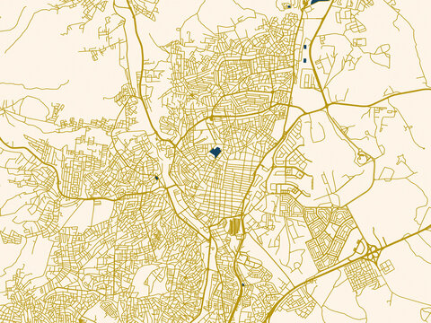 Poster-style map of Zarqa, Jordan using dark red water and warm gold roads