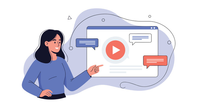 Young woman pointing to a large screen with a video player icon, illustrating a concept of video marketing or online tutorials.