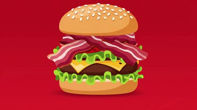 A cartoon-style illustration of a cheeseburger with bacon and lettuce on a red background.