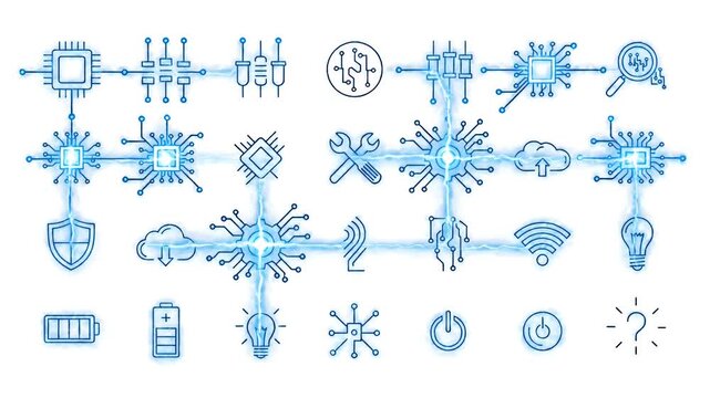 Blue Digital Technology Icons Set on White Background