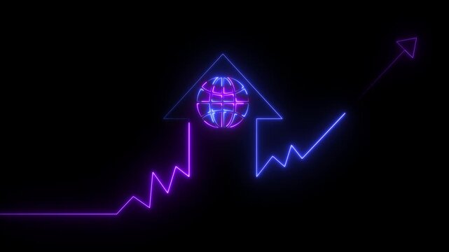 Neon home icon with up arrow earth globe sign animation on black background. Business up indicator icon motion. Glowing home business graph icon 4k video footage.