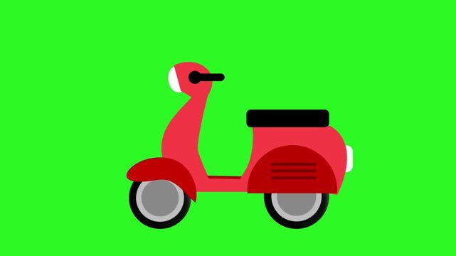 Red cartoon scooter driving animation on green screen. Flat 2D motorbike enters, stops, and exits.