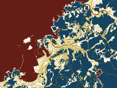 Urban map of Hamada, Japan in a flat palette: cream-toned city field with gold linework streets and deep red waterways for strong contrast