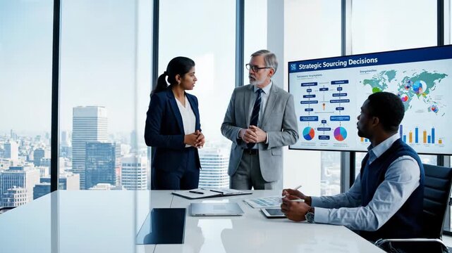 Business Meeting in Modern Office - A diverse group of business professionals are gathered in a modern office, discussing strategic sourcing decisions presented on a large display screen.