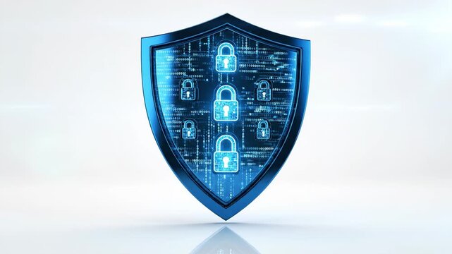 Secure Network Shield - This video features a blue shield with digital padlocks inside, symbolizing cybersecurity. Binary code streams down within the shield, reinforcing the idea of data protection.