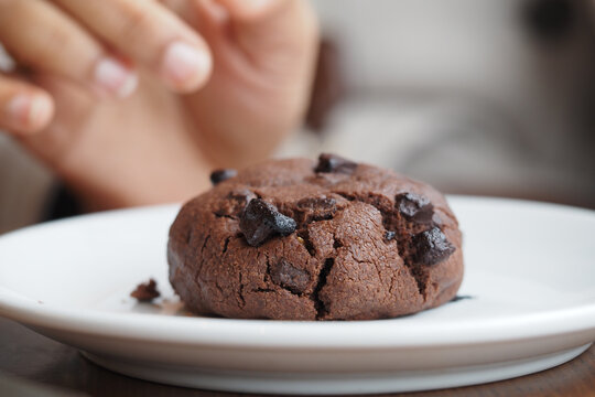 Enjoying a chocolate cookie on a white plate