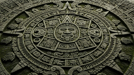 Obraz premium Ancient Aztec calendar stone, carved in grey rock, covered in moss, illuminated by dappled jungle sunlight. Ideal for history, archaeology, cultural heritage, travel, education, and mystical themes.