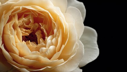 Close up detailed view captures the intricate layers of a pale yellow rose blossom against a dark backdrop