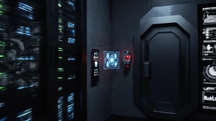 Dark server room interior with computer servers and control panels on the walls and a secure door.
