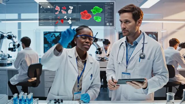 Scientists Examining Futuristic Data Display in Lab - Two scientists, one male and one female, are analyzing data displayed on a futuristic transparent screen in a laboratory.