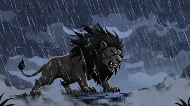 Dark, dramatic cartoon lion roaring fiercely on a stormy cliff, breaking free from a prison.