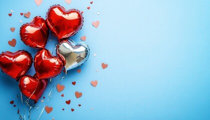 Group of shining heart shaped balloons rests upon a bright blue surface with scattered paper cutouts