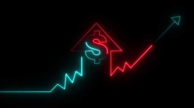 Neon home icon with up arrow dollar sign animation on black background. Business up indicator icon motion. Glowing home business graph icon 4k video footage.