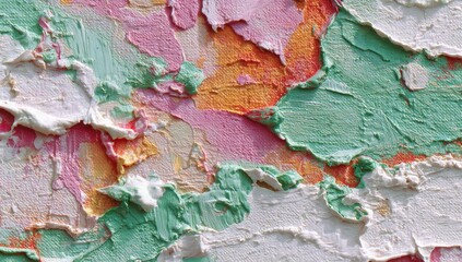 Textured impasto painting fragment with pink, white, green, and orange hues