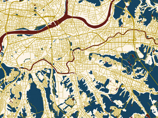 Obraz premium Poster-style map of Kani, Japan using gold street network with deep red water