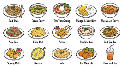 Assorted Thai cuisine illustrations featuring various dishes on plates from a top-down view © Ube
