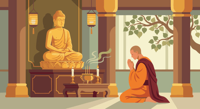 Buddhist Monk Praying at Temple
A flat vector illustration of a Buddhist monk praying in front of a Buddha statue or altar. Candles and incense visible. 