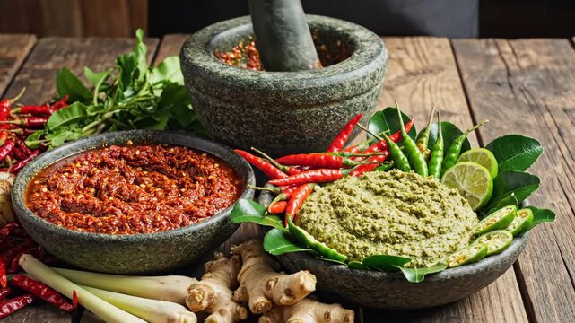 Thai Curry Paste Preparation - A close-up shot showcases the preparation of Thai curry paste, with a red chili paste in one stone bowl and a green curry paste in another, surrounded by fresh