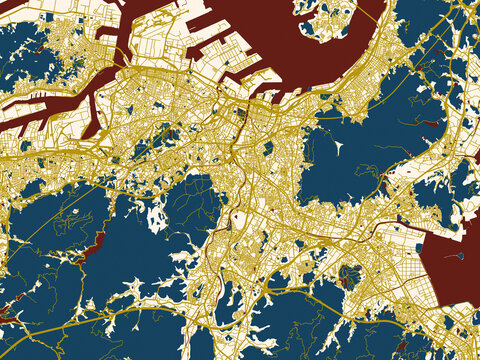 Minimalist map of Kitakyushu, Japan, cream map with gold lines