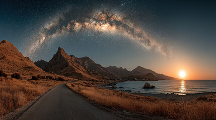A mountain landscape with a starry sky and the Milky Way galaxy.
