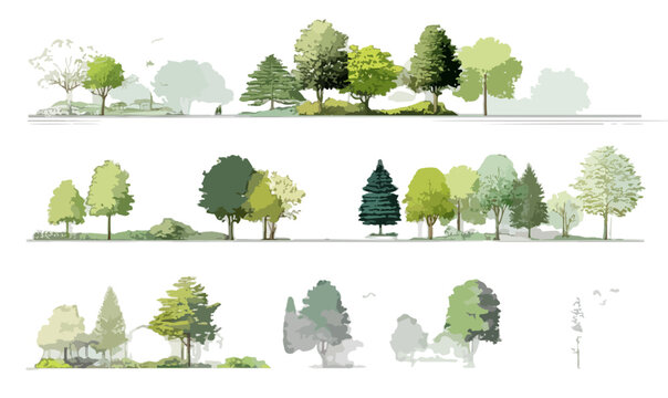 Verschiedene Baumarten und Landschaften in einem stilisierten, transparenten Design f&uuml;r grafische Ressourcen.