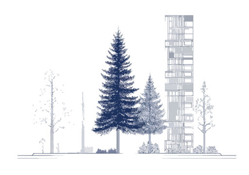 Moderne Architektur trifft auf Natur: Illustration von B&auml;umen und einem Hochhaus vor transparentem Hintergrund.