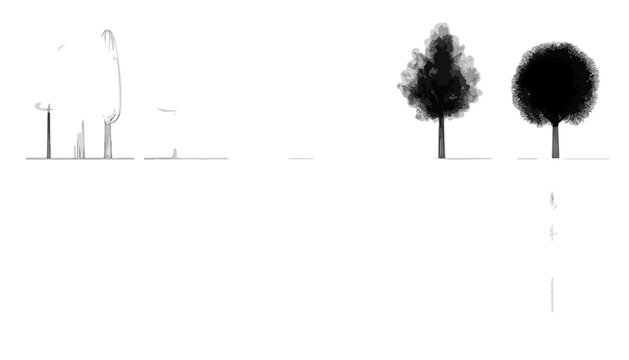 Zwei stilisierte B&auml;ume und eine schemenhafte Silhouette eines Geb&auml;udes auf wei&szlig;em Hintergrund, transparent