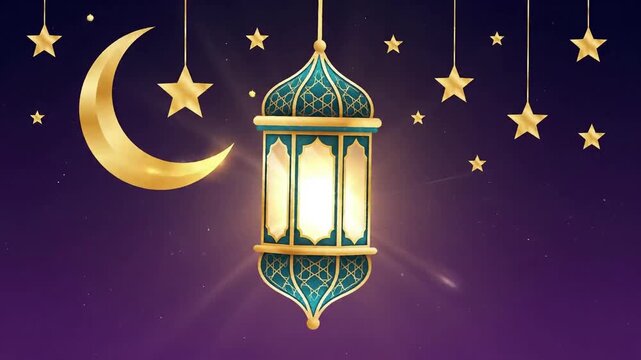 Islamic lantern with crescent moon and stars hanging in the night sky.