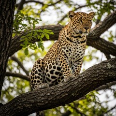 Leopard perched in a tree wildlife portrait with spotted pattern