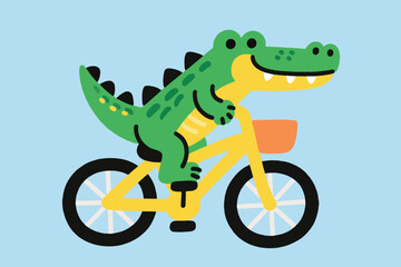 Fototapeta premium Cartoon green crocodile riding yellow bicycle with orange basket on light blue background.
