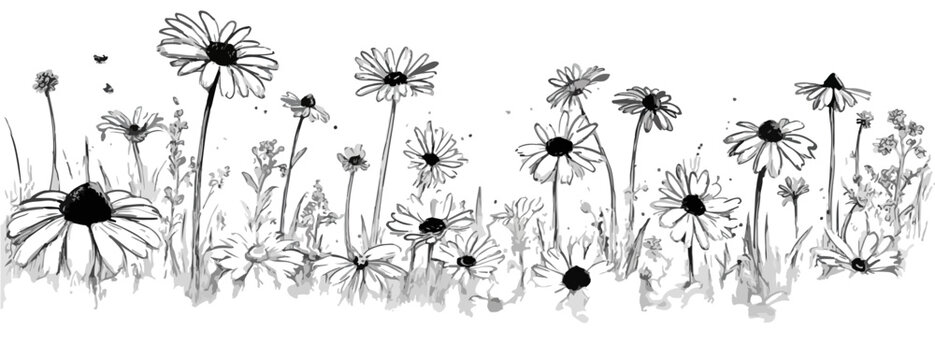 Eine transparente Illustration von G&auml;nsebl&uuml;mchen und Gr&auml;sern in einem skizzenhaften Stil f&uuml;r Designzwecke.