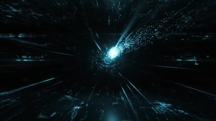 Dark space scene with a bright blue light at the center, surrounded by streaks and particles, conveying a sense of speed and technology against a