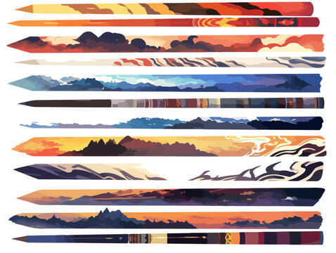 Abstrakte Landschaftsbilder auf Bleistiftspitzen: Sonnenunterg&auml;nge, Berge und abstrakte Muster