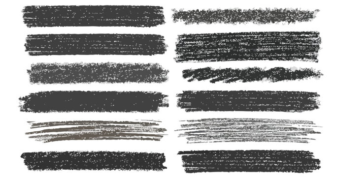 Satz von Grunge-Pinselstrichen und Texturen in Schwarz und Grau auf transparentem Hintergrund.
