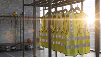High-visibility safety vests hanging on a rack in a gym. Yellow reflective vests with silver strips in a fitness center. Golden hour sunlight with lens flare in a sports facility