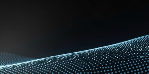 Dark abstract tech background with wave of glowing dot and line pattern, three dimensional crypto datum visualisation render for futuristic ai network design concept