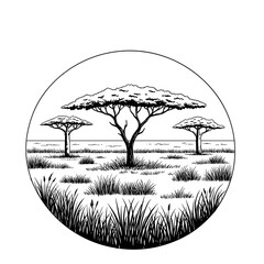 Hand Drawn Savanna Landscape with Acacia Trees in a Circular Frame. Vintage African Safari Scene Engraving.
