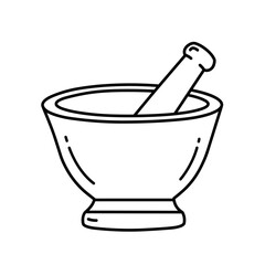 Mortar and Pestle Line Art Icon. Simple Vector Outline Symbol for Pharmacy, Chemistry Lab Equipment, and Traditional Medicine Grinding Tools.