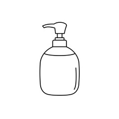 Liquid Soap Pump Dispenser Bottle Outline Icon. Hand Sanitizer Container Line Art Vector Illustration for Hygiene, Bathroom, and Personal Care Products.
