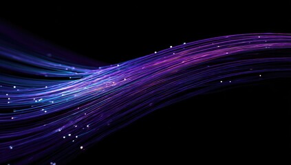 Abstract flowing light strands, purple and blue, against a black background
