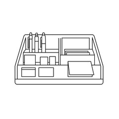 Minimalist Desk Organizer Line Art Icon Showing Stationery and Documents Storage