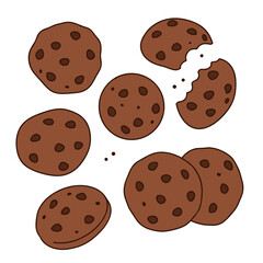 Hand Drawn Chocolate Chip Cookies Set. Sweet Brown Baked Biscuits Group Including Whole and Broken Pieces. Simple Vector Illustration.