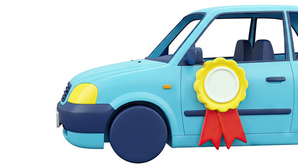 Blue car with award ribbon