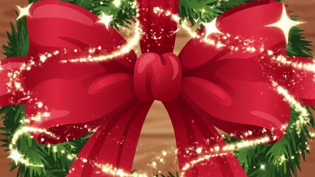 A festive red bow surrounded by a wreath of green leaves and sparkling lights.