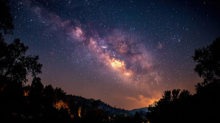 Naklejka premium Night sky filled with stars and the Milky Way galaxy over a landscape.