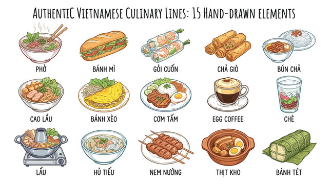 Hand-drawn illustrations of traditional Vietnamese cuisine and 15 distinct culinary delights in a clean white background