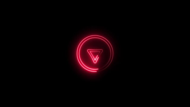 Vivid red neon outline of a play button featuring a downward triangle within a circle, illuminated against a dark black backdrop, conveying urgency and digital interaction